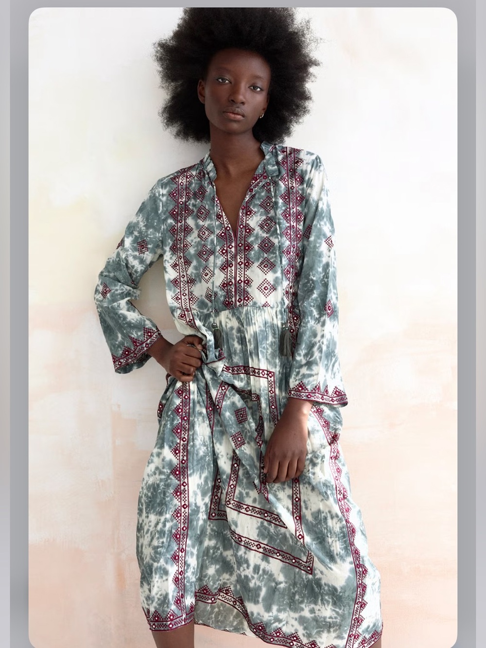 Zara Green Tie-Dye Limited edition Dress with Magenta Embroidered Trim